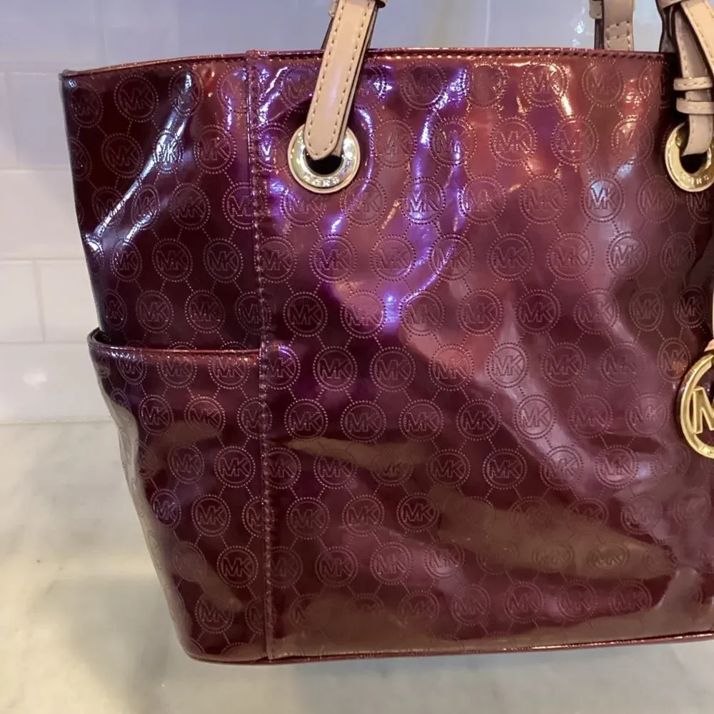 Michael Kors Bag Purse Handbag Leather Embossed Signature Patent EW Jet Set Tote